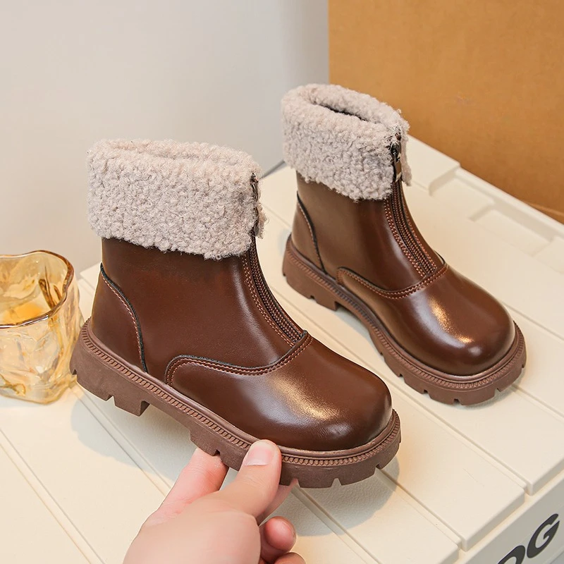 Winter Children Plush Boots Classic Kids Fashion Causal Cotton Boots Thick Bottom Warm Versatile Girls Ankle Boots Front Zipper
