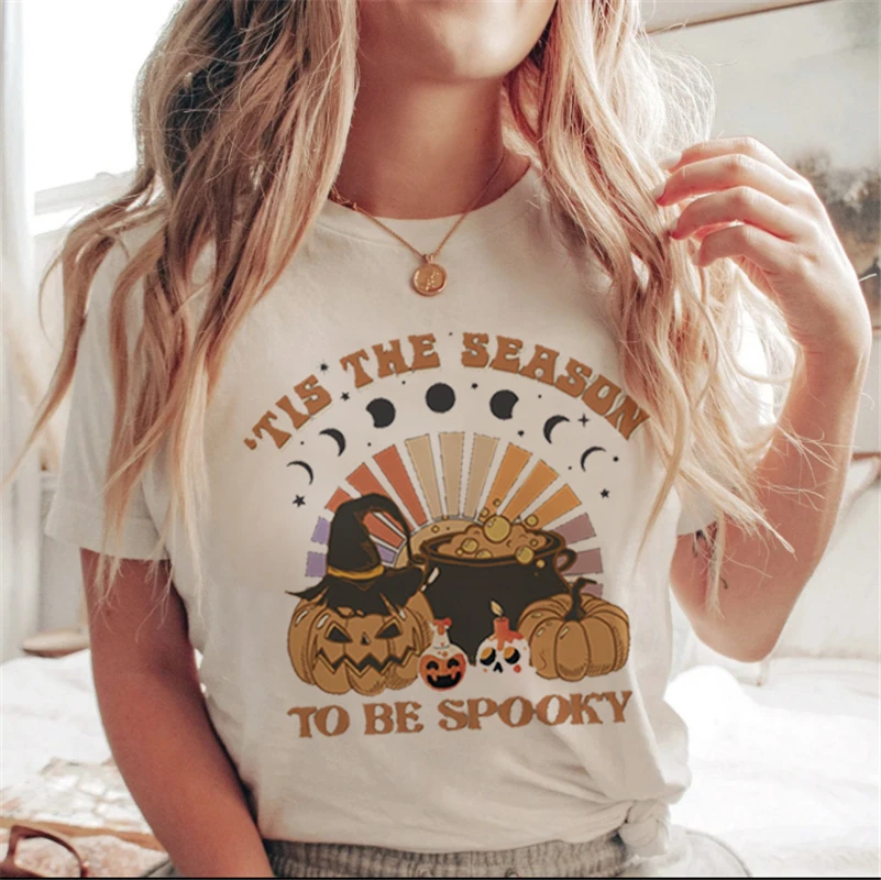 Lettera stampata bianca cartone animato Halloween autunno maglietta casual vestiti tendenza anni '90 donna donna T costume donna stampa grafica925_voghion.com