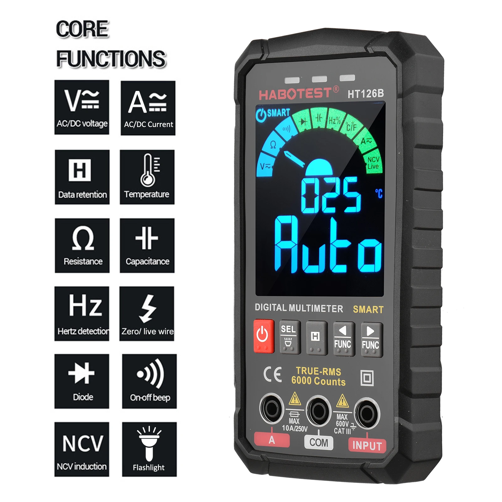 Цифровой мультиметр HT126A 6000 отсчетов True RMS автоматический выбор диапазона тестер