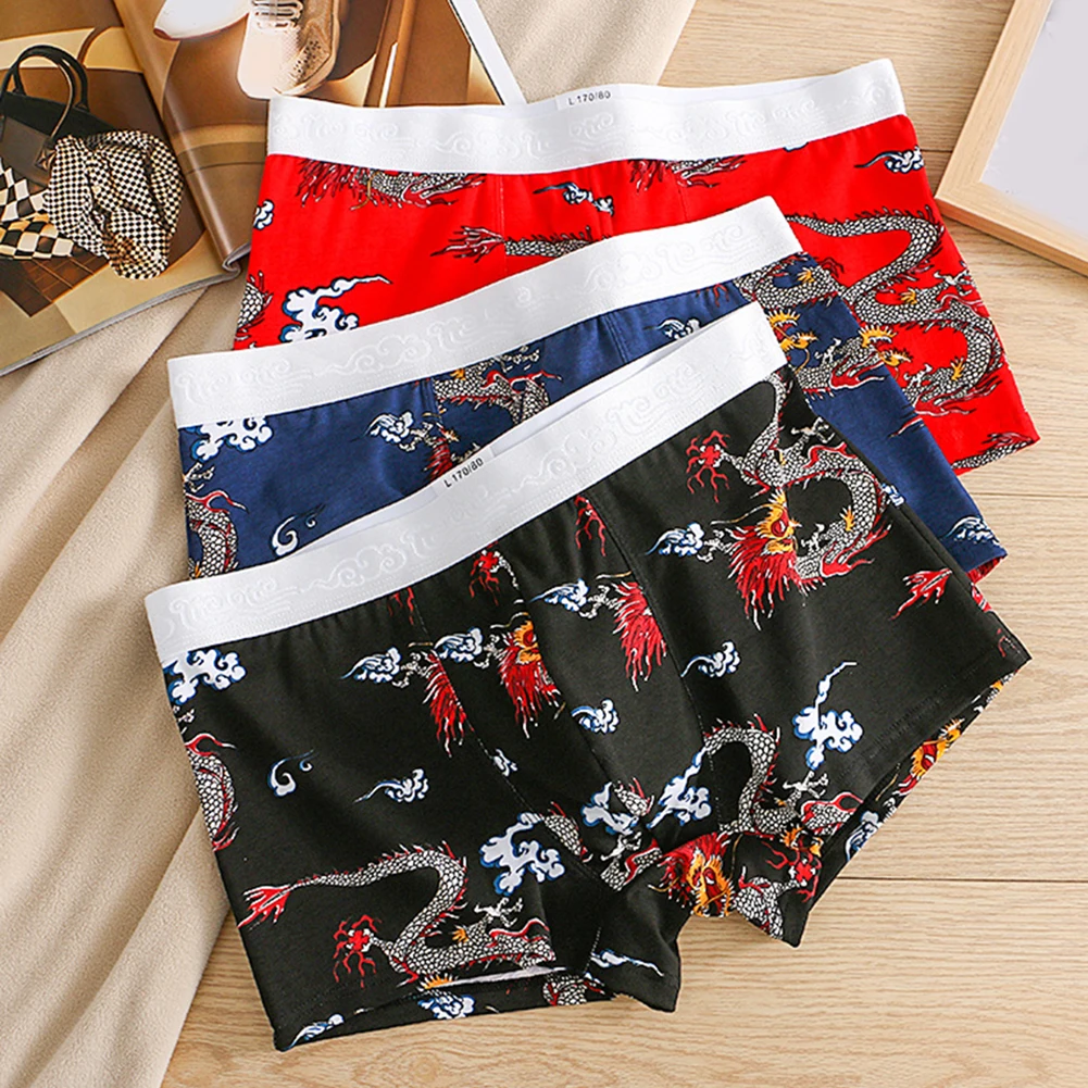 1pc Fashion Dragon Printed Men's Boxer Shorts Soft Cotton Underwear U-Convex Pouch Briefs Short Elastic Middle Waist Men Panties men stripe cotton underwear middle waist short boxer soft elasticity daily panties breathable briefs casual shorts lingerie