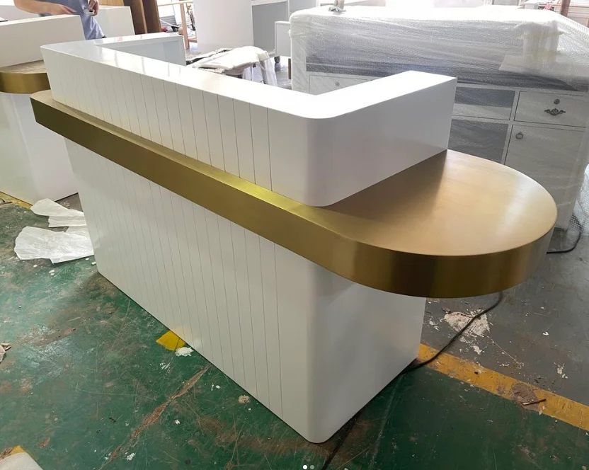 USA CA UK AU GER Local Stock Modern beauty shop spa white front counter desk wooden gold frame salon reception desk luxury