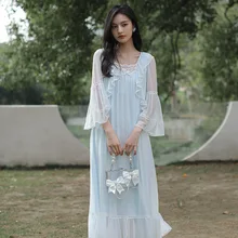 

Elegant Square Collar Nightgown Sexy Mesh Sleepshirts Summer Full Sleeve Nightwear Modal Mesh Sleepwear Sweet Princess Pyjamas