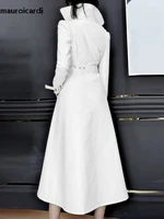 Mauroicardi printemps automne blanc ajusté Long manteau en cuir Pu femmes fermeture éclair ceinture élégant Chic luxe concepteur faux 2 vêtements 2024 2