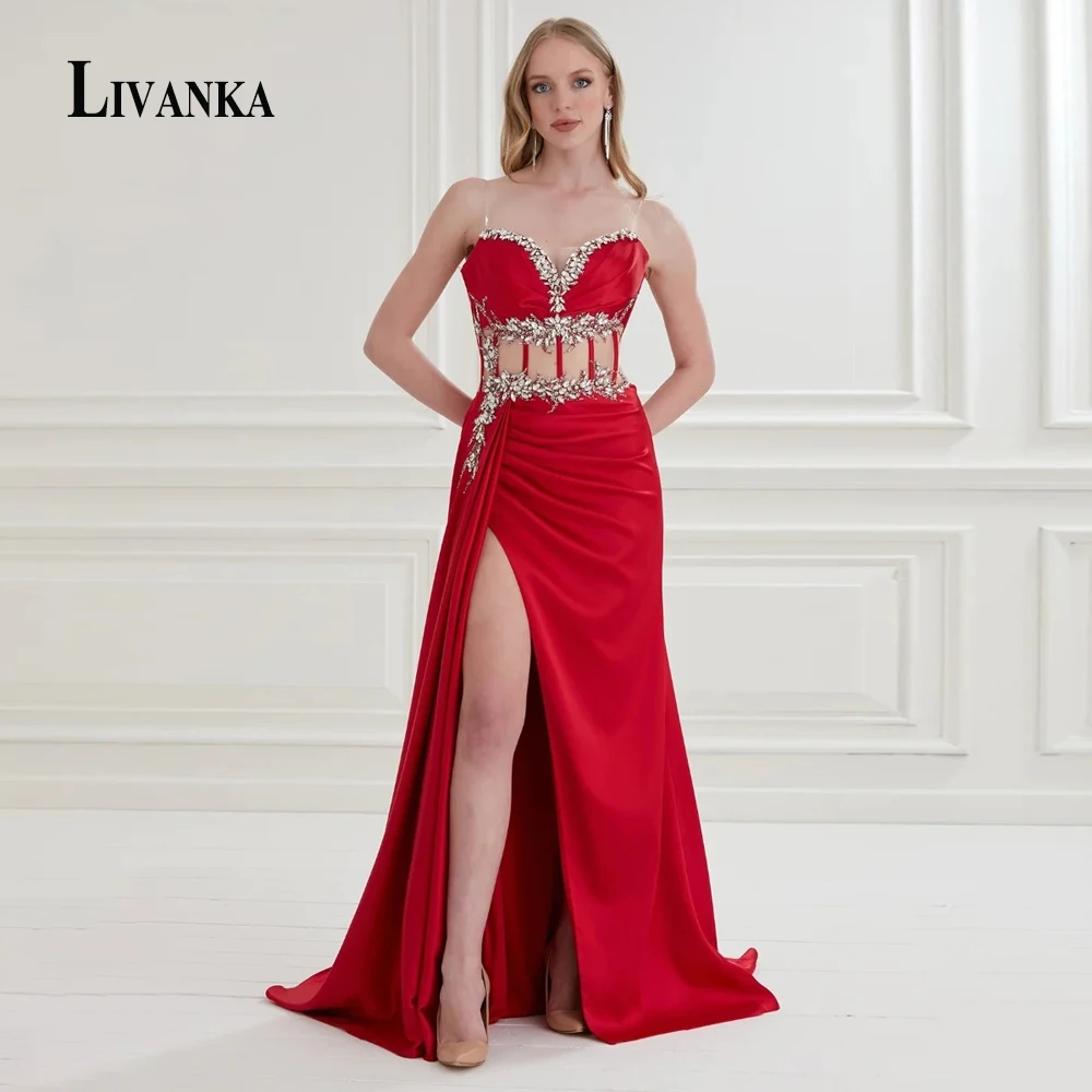 LIVANKA Stylish Slit Prom Dresses for Woman Sleeveless Appliques Pleat Mermaid Evening Gown Abendkleider Personalised womens dress