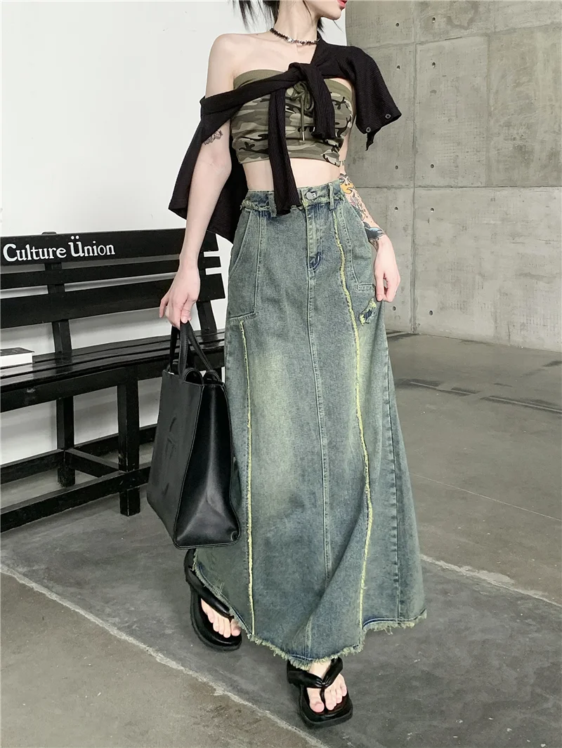 Free Shipping 2023 New Fashion Long Maxi Denim Jeans Women S-L Elastic High Waist Spring Summer Ladies Tassels Slit Skirts new high waist jeans woman befree stretchy skinny ladies jeggings flower pants xxxl size embroider jeans for women free shipping