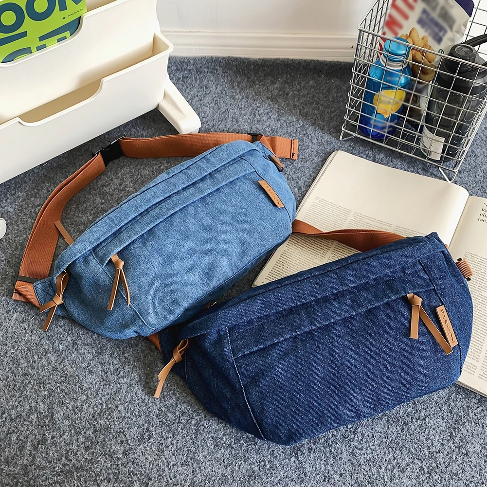 Men Women Denim Fanny Pack Harajuku Casual Chest Bags Large Capacity Adjustable Shoulder Straps Solid Color Female Waist Bag