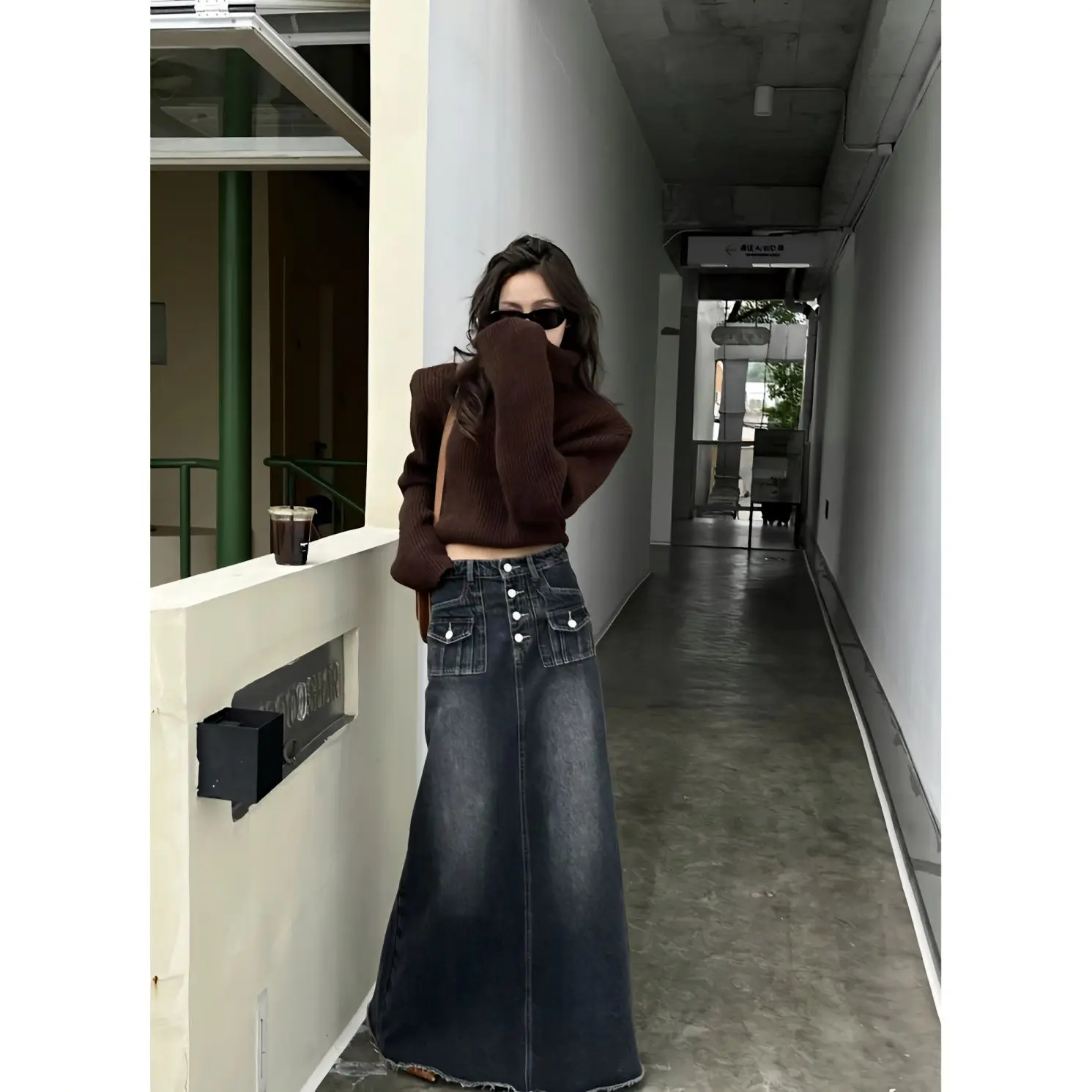 

2023 new Vintage Grey women Denim Skirt Female Fashion Maxi Long skirt Single Breasted pocket decoration Blue Jean Skirt