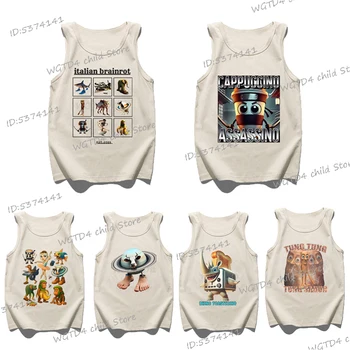 Bambini Estate Cotone Senza Maniche Magliette e camicette Italiano Brainrot Bambino Delle Ragazze Dei Ragazzi Canotta Tung Tung Tung Sahur Divertente Meme Gilet Per Bambini 1