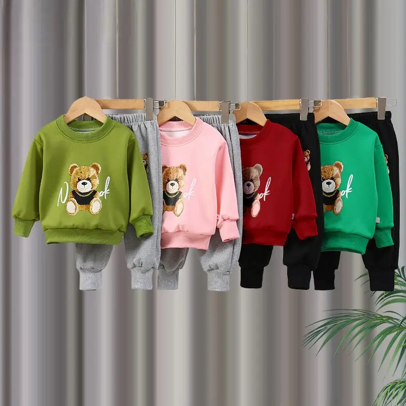 Korean version Children's set Boys and Girlsspring and autumn cartoon bear round neck casual sports two-piece set 1-7 years old