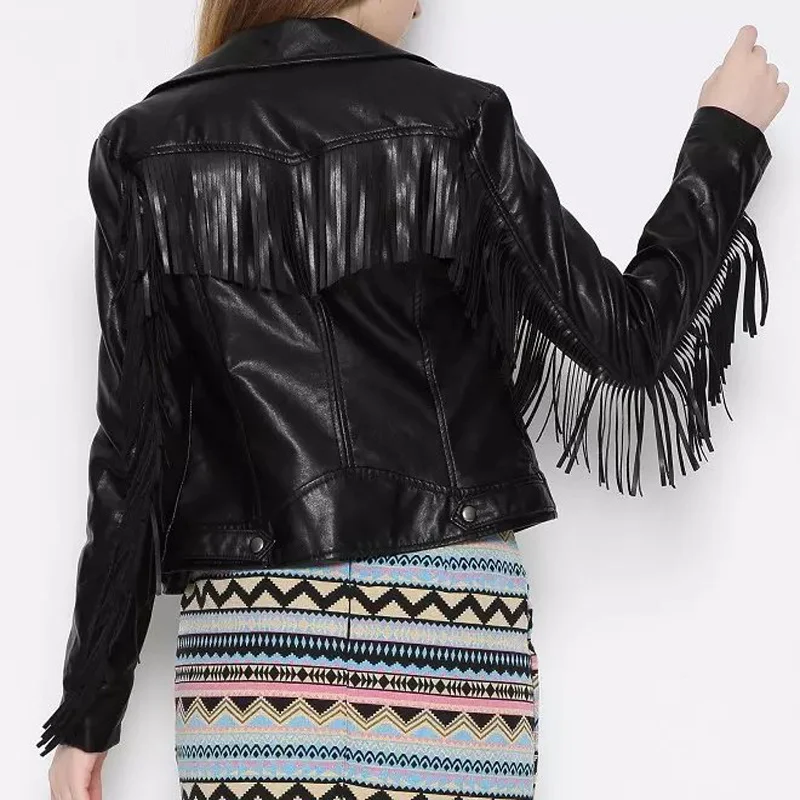 

Korean Spring Autumn New Tassel Leather Women's Jacket PU Leather Motorcycle Jacket Fashion Coat Black Female Faux Wearing