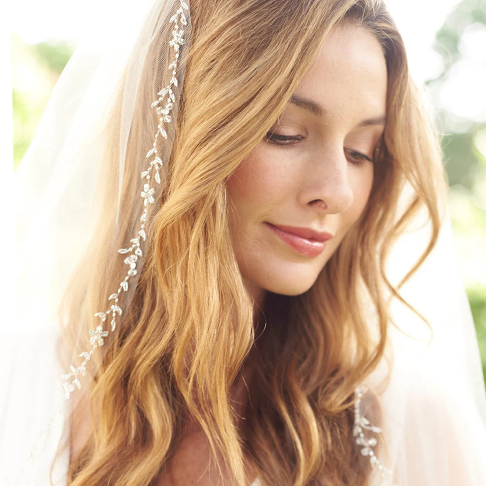 

HUNXIU One Layer Beading Wedding Veil Shiny Sequin for Bride Classic Tulle Romantic Beaded Edge Bridal Accessory Velos De Novia
