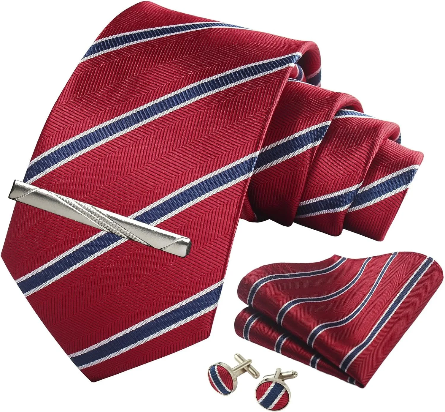 Cufflinks and tie clip included in the set