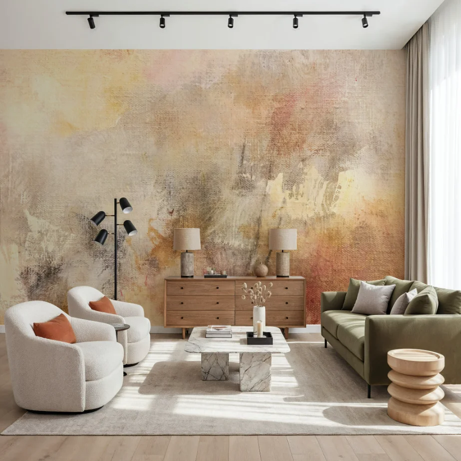 Murs personnalisés avec des traits de pinceau abstraits et flous et des surfaces texturées donnent un aspect de papier peint en ciment mélancolique et atmosphérique. 1