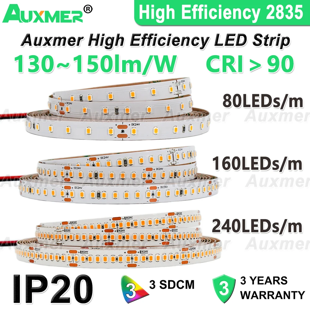 High Efficiency LED Strip Light,130~150lm/W,CRI90,Energy Saving 2835 240LEDs/m,160LEDs/m,80LEDs/m LED Lights,DC12V,DC24V,IP20