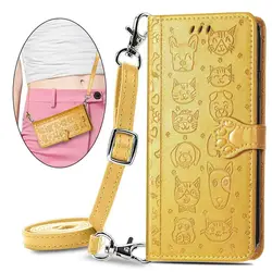Cute Cat Dog Leather Crossbody Wallet Flip Case with 3 Card Slots - Samsung Galaxy A07 (Yellow)