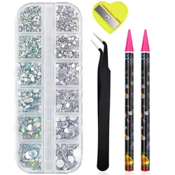 Deluxe 3D Flat Back Nail Rhinestones Set - Premium Glass AB and Clear Crystal Nail Art Charms (Beige)