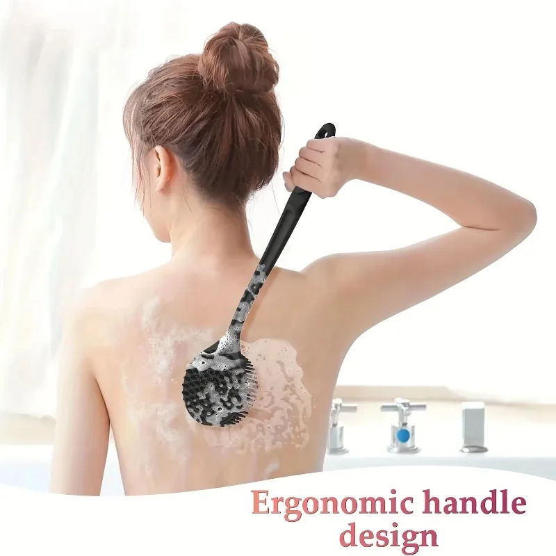 Silicone Back Scrub Brush Shower Long Handle for Deep Body Cleaning and Exfoliating Massage, Comfortable on Both  Sides