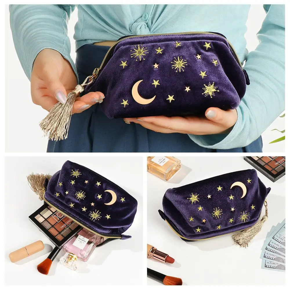 Girl Travel Jewelry bag Make Up Bag Star Moon Pattern Portable Embroidered Velvet Cosmetic Bag