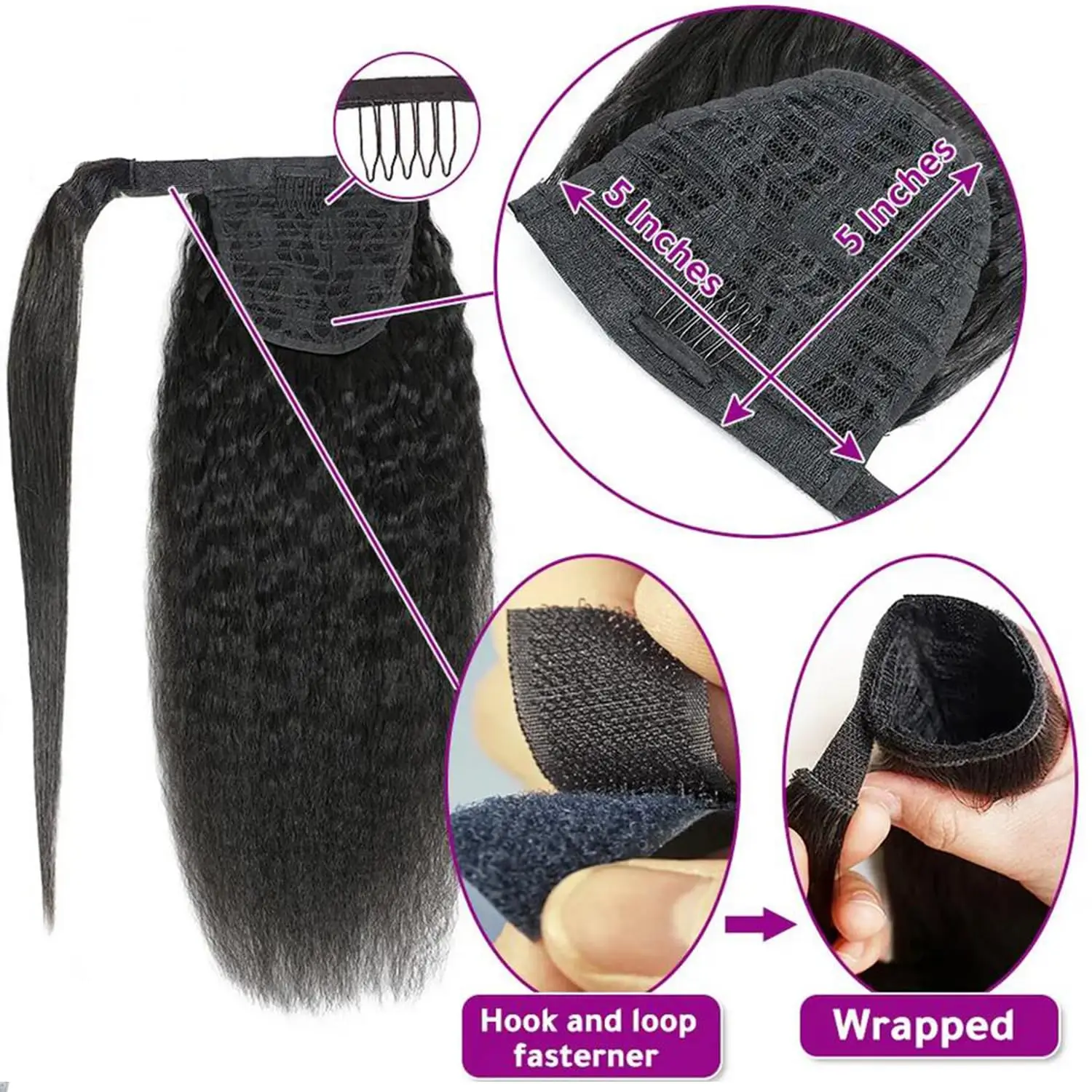 Ponytail Human Hair Wrap Around Kinky Straight Brazilian Remy Hair Extensions 30 32 Inches Clip Yaki Hair Ponytail Natural Color