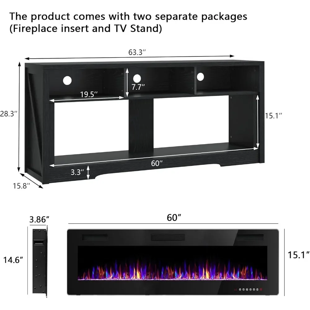 Fireplace TV Stand for TVs Up to 75" TV with 60" Electric Fireplace, with Open Shelve Storage,65 inch TV Stand 6