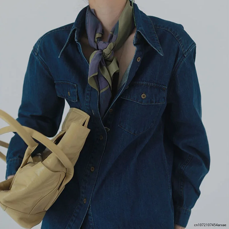 

Женская ВИНТАЖНАЯ ДЖИНСОВАЯ РУБАШКА, темно-синяя блузка на пуговицах с длинным рукавом, однобортная модная повседневная свободная уличная одежда, топ, осень 2024