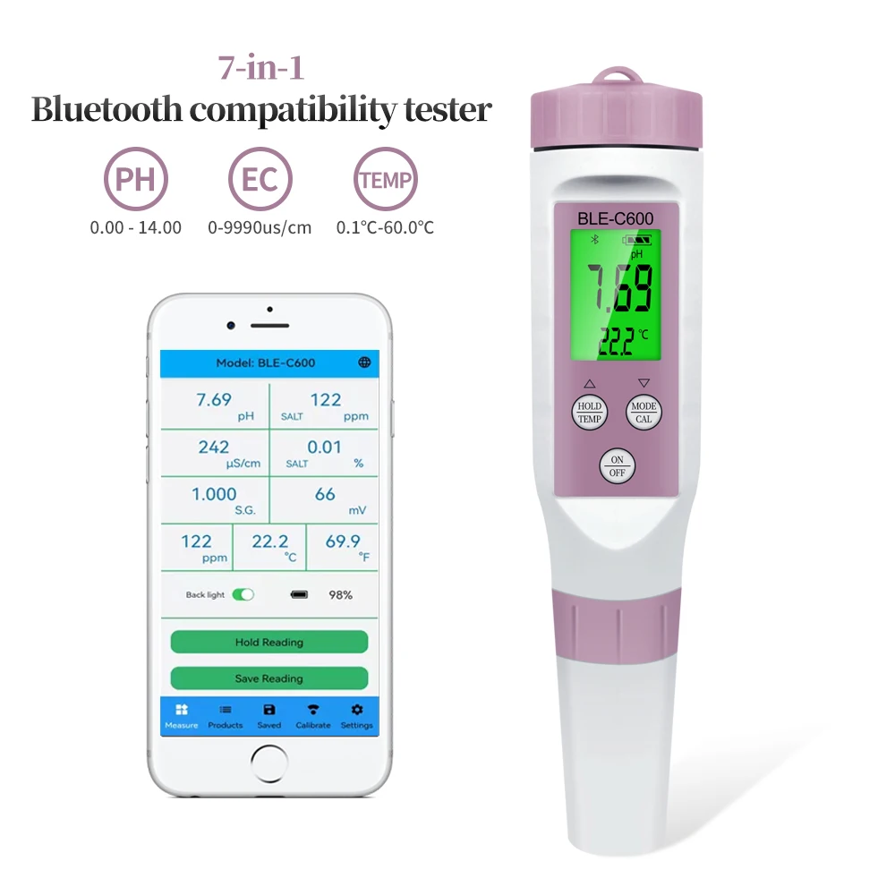 Testeur de qualité de l'eau numérique 6 en 1 Lifcausal Moniteur de qualité  de l'eau multifonction PH/EC/TDS/SALT/S.G/Température Analyseur de compteur  pour piscine