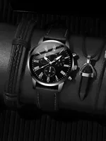 3PCs Fashion Business Casual Men's Belt Quartz Watch with PU Leather Woven Bracelet Necklace Combination Set 1