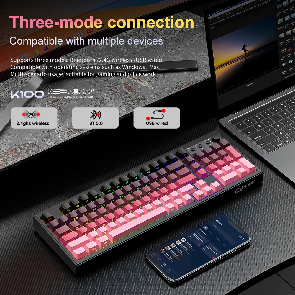 FREEWOLF K100 Tastiera Gaming A Membrana – Tri-mode (Bluetooth/2.4G/USB-C) – Tasti PBT Gradiente Con Incisione Laterale – RGB 16M Colori – Batteria 4000 MAh – Lampone