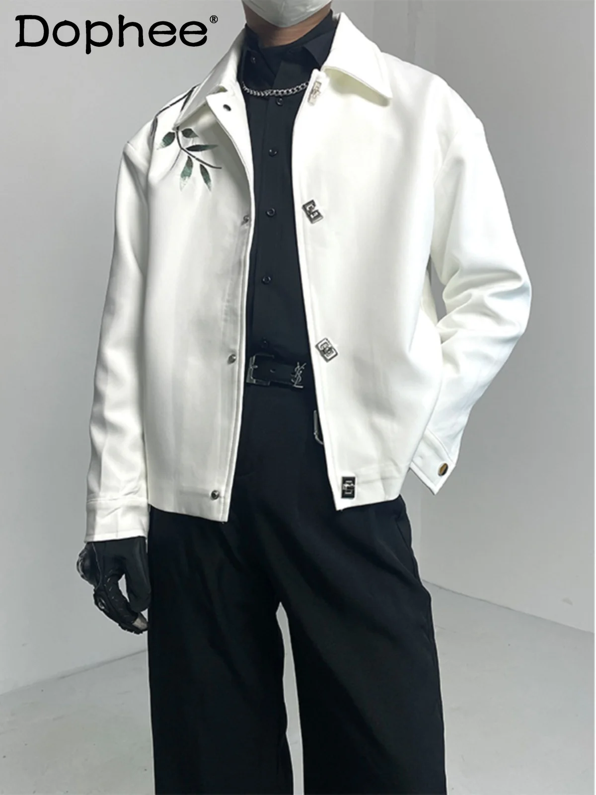 Fashionable New Chinese Spring Green Bamboo Embroidery Padded Shoulder Jacket Men's High-End Long Sleeve Trendy Male Tops