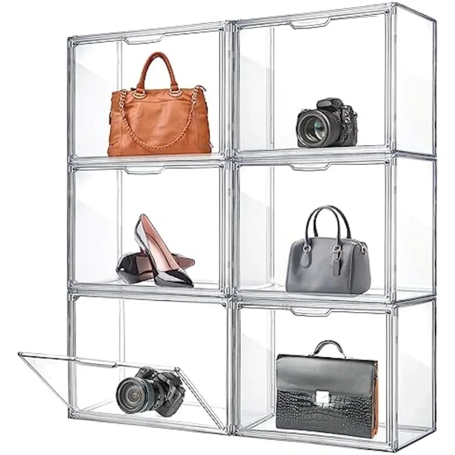 Clear Plastic Handbag Storage Organizer for Closet, Acrylic Display Case  for Purse, Stackable Magnetic Drop Front Organizer