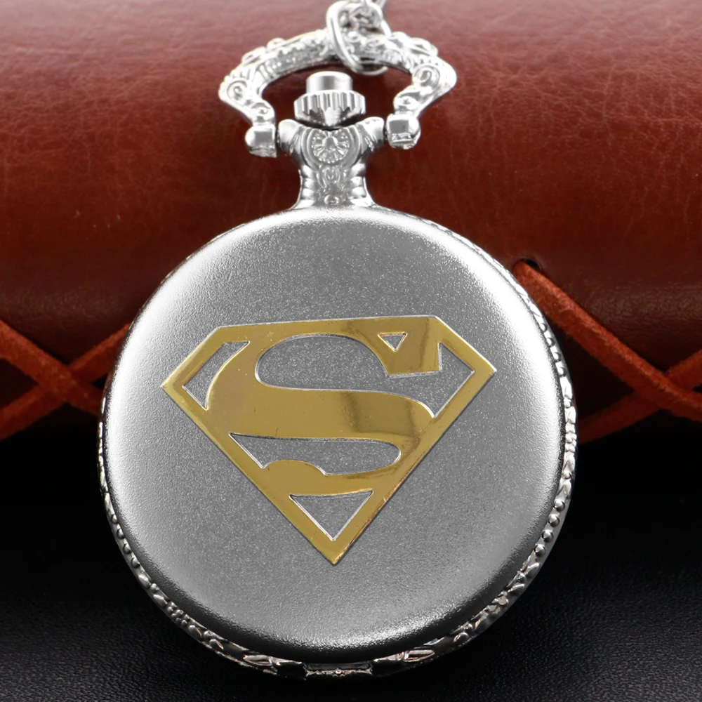 

Silver Superhero Logo Embossed Arabic Digital Quartz Pocket Watch Necklace Pendant Clock Fob Chain Men's Women's Cf1163