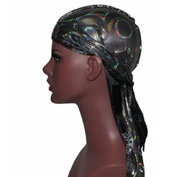 Unisex New Laser Circle Simulation Silk Long Tail Pirate Hat Baotou Hat Hip Hop Cloak Hat  Elastic Printed Long Tail Headwear
