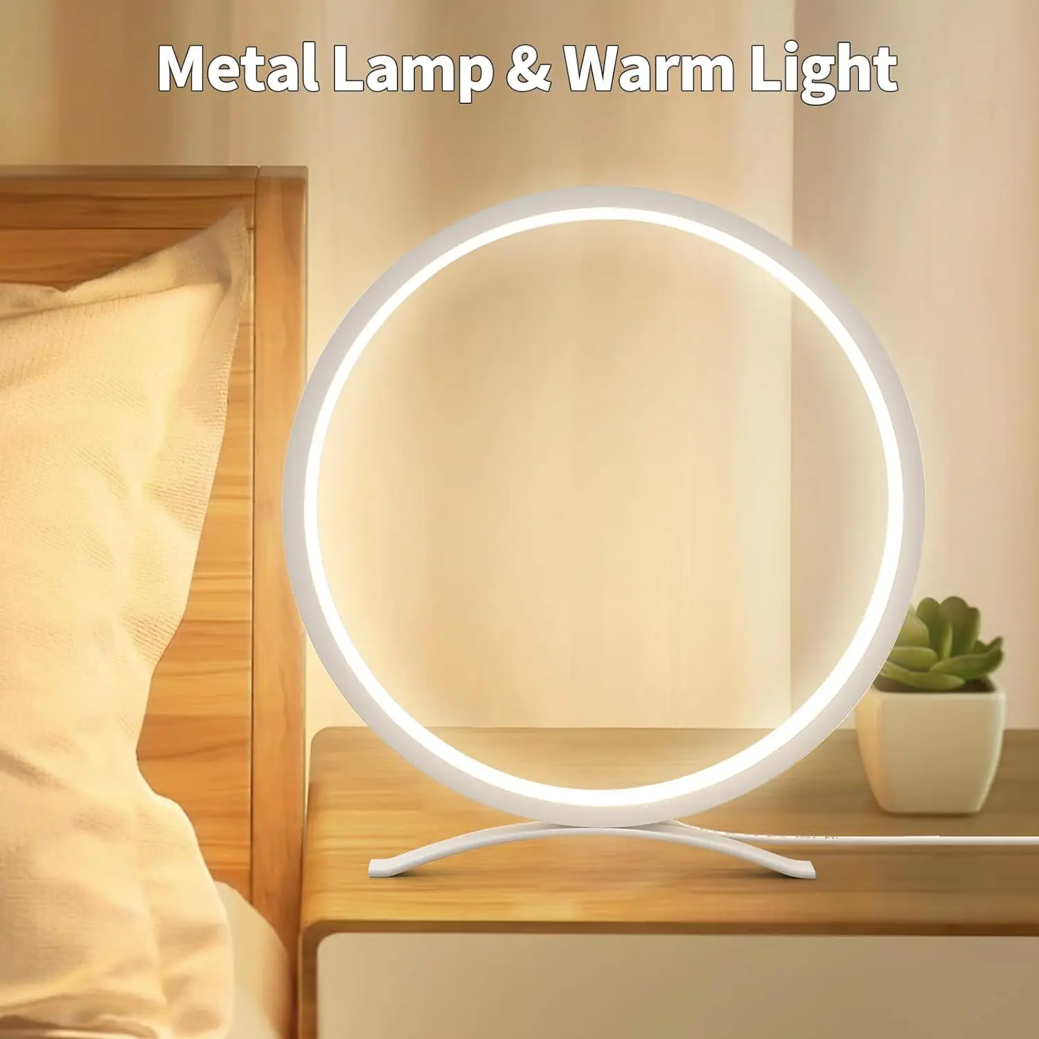 금속 원형 링 테이블 램프, 침대 옆 램프, 현대 미니멀리스트 램프, 침실 및 거실용 LED 따뜻한 조명, 10 인치