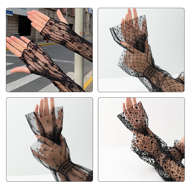 Long Lace Gloves Hollow-Out Fingerless Gloves Women Sun Protection Sleeves Mesh Lace Thin Hand Gym Sunscreen Accessories