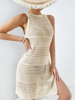 Hollow Out Side Slit Bikini Crochet Retro Cover Up 2026 Women Solid Beach Skirt Swim Dress Bathing Suit 2