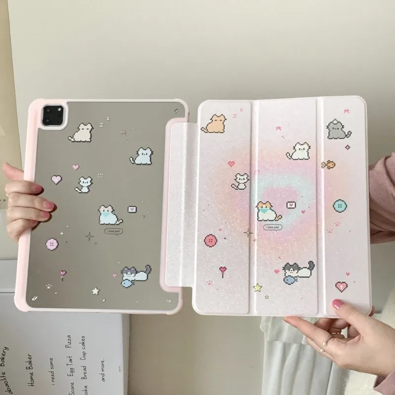 Tri-Fold Mirror Tablet Case with Pencil Holder and Cute Pixel Art Cat Design