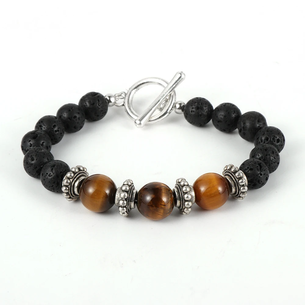 

Luxury Steampunk Natural Lava Rock Stone Beaded Bracelet For Men Tiger Eye Charm Bracelets Women Couple Gifts Accessories