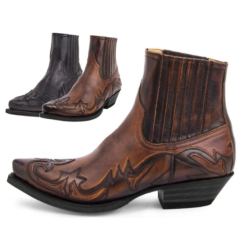 Bottes Cow-boy Occidentales En Cuir Marron Faites Main, Homme, Cheville, Bout Pointu, Semelle Cuir