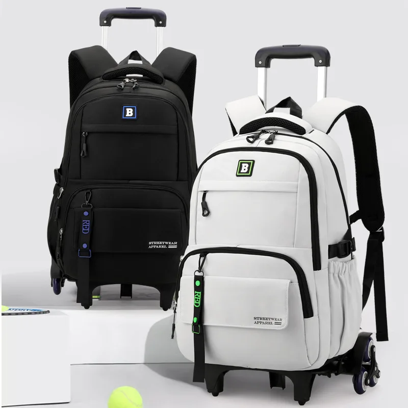 Trolley School Bags for Teenage Boys Solid Color White Black Rolling Backpack High School Backpack with Wheels Student Book Bag 3