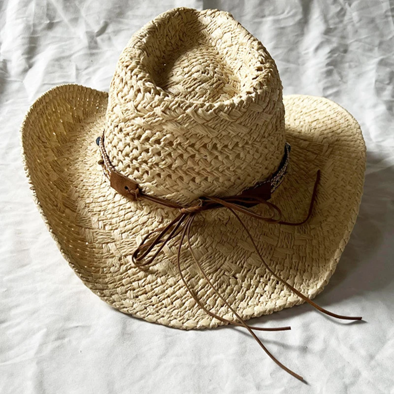 Handmade Woven Cowboy Straw Hat with Large Brim Design Men Women Outdoor Sunshade Fashion Decorative Band Ethnic Style Beach Hat