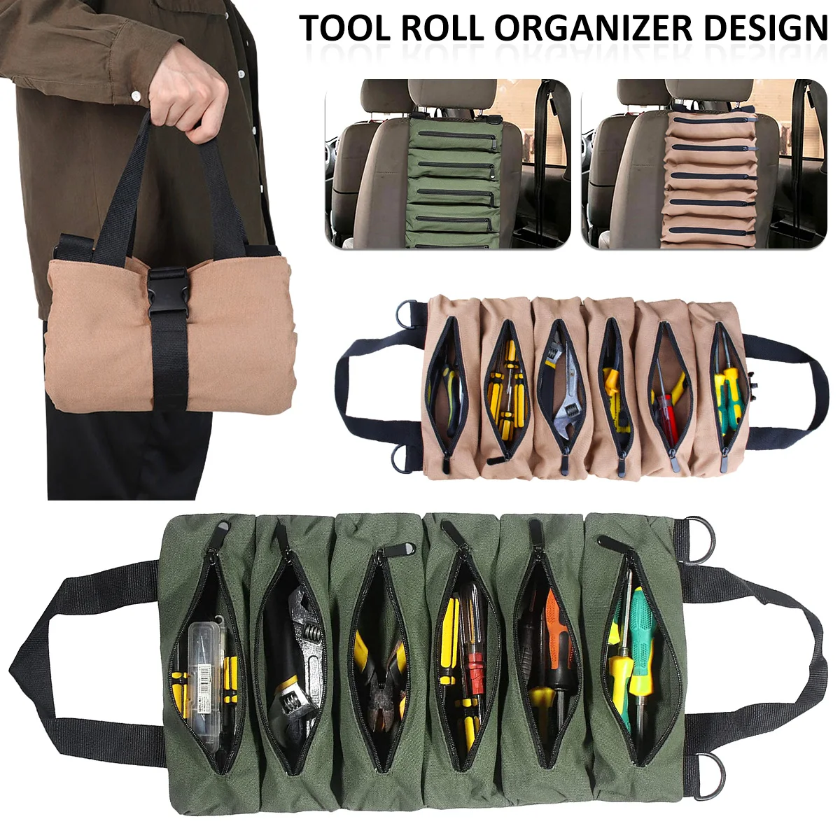 Tool Bag Tool Roll Multifunction Tool Roll Up Bag Wrench Organizer Roll  Pouch Hanging Tool Zipper Carrier Tote Storage Bag Home