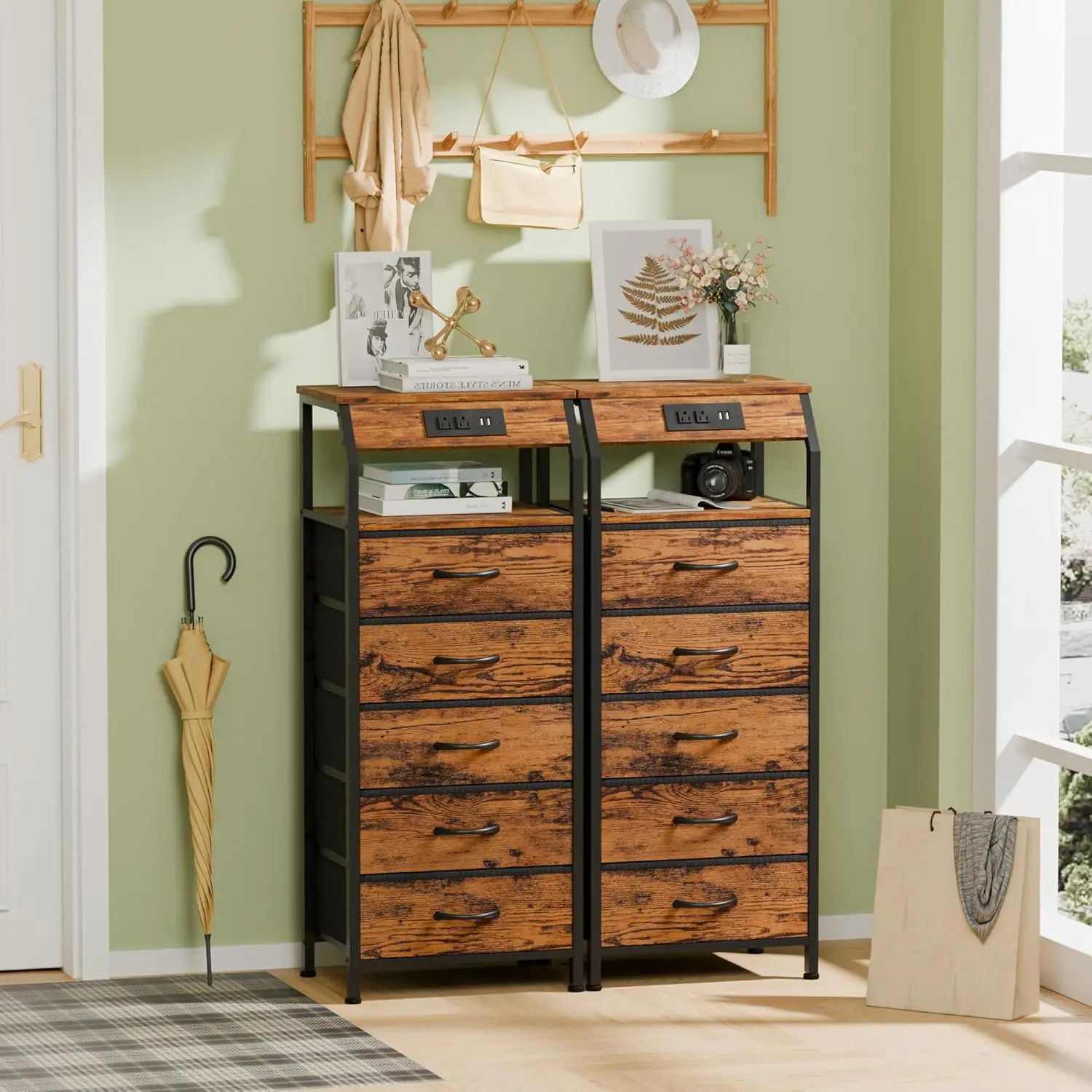 5-Drawer Dresser. Charging Station. Tall Nightstand with Shelf. Fabric Drawers. Rustic Brown. 3 Ways to Use.