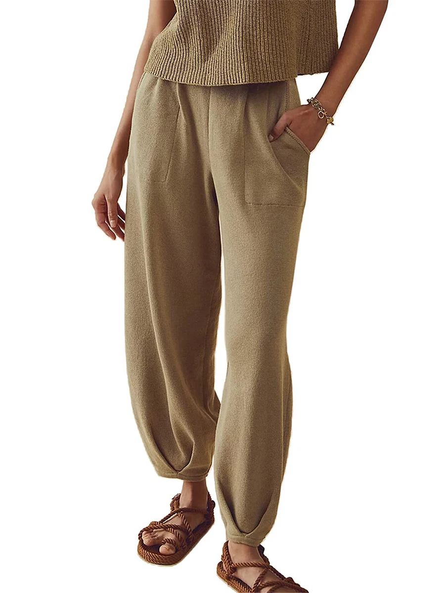

Women'S Casual Knitted Pants With Elastic Waist Solid Color Harem Pants, Casual Pants With Pockets Autumn and Winter Leggings