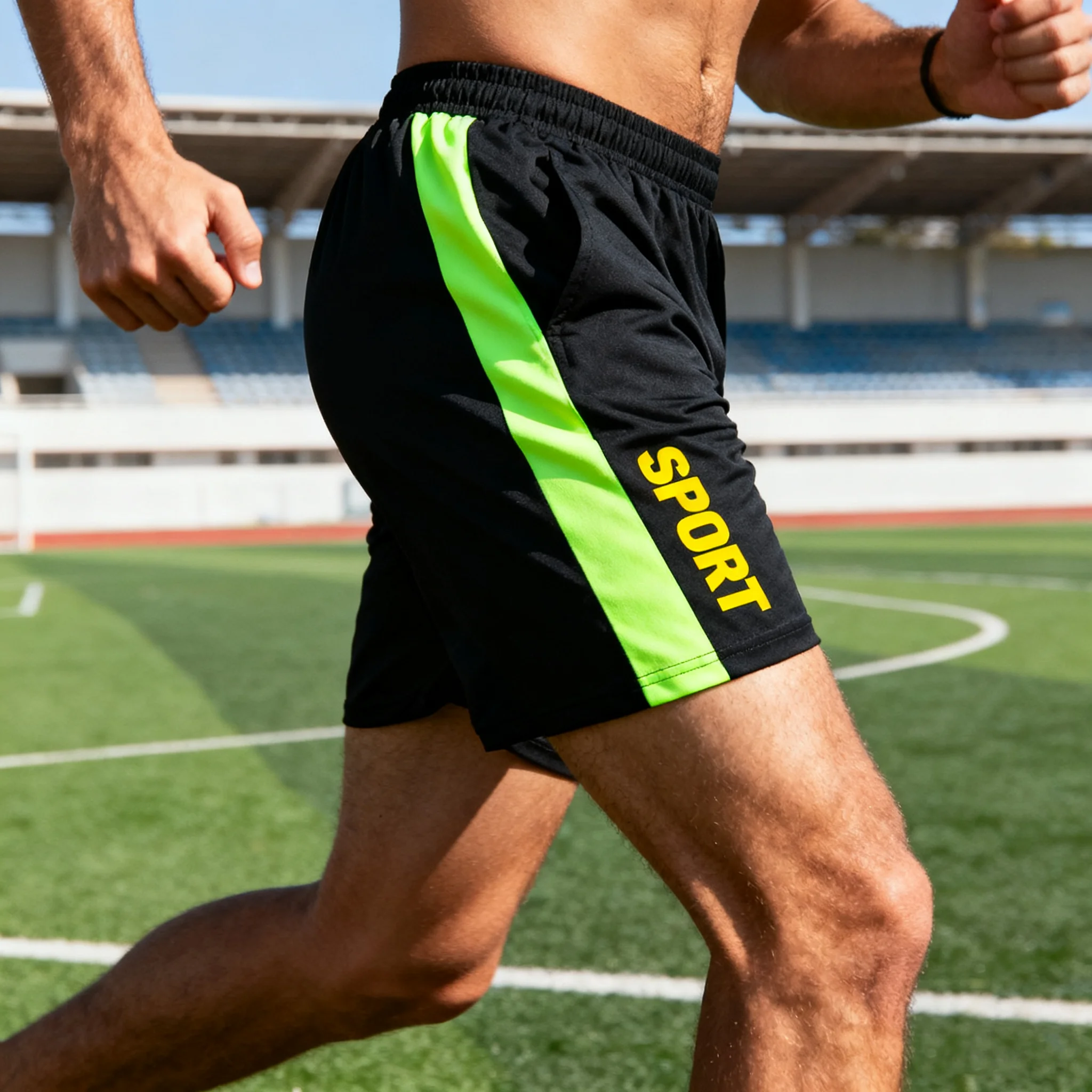 Detailed view of the breathable fabric and tailored fit for unisex athletic shorts.
