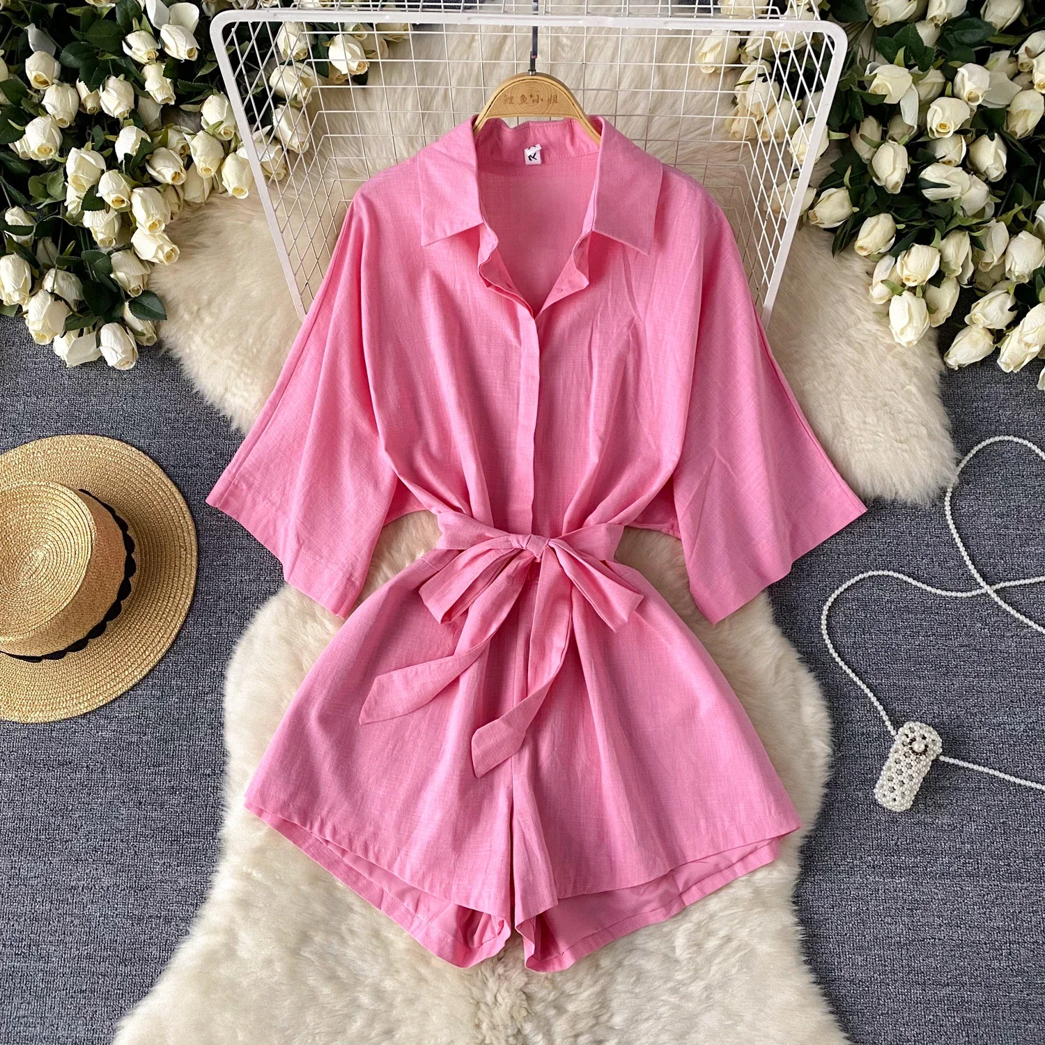 

Chic sweet Short Sleeve Print Jumpsuit Vintage V Neck High Waist Romper Casual Spring Summer Women Playsuit