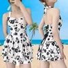 New 2025 Women's One-Piece Swimsuit Dress Neck Hanging Thermal Spring Bathing Suit Vacation Waist Shaping Belly Covering