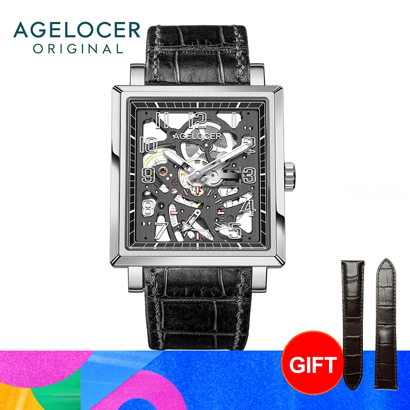 

AGELOCER Codex Original Brand Men's Square Hollow Luminous Manual Mechanical Watch Birthday Gift for Men