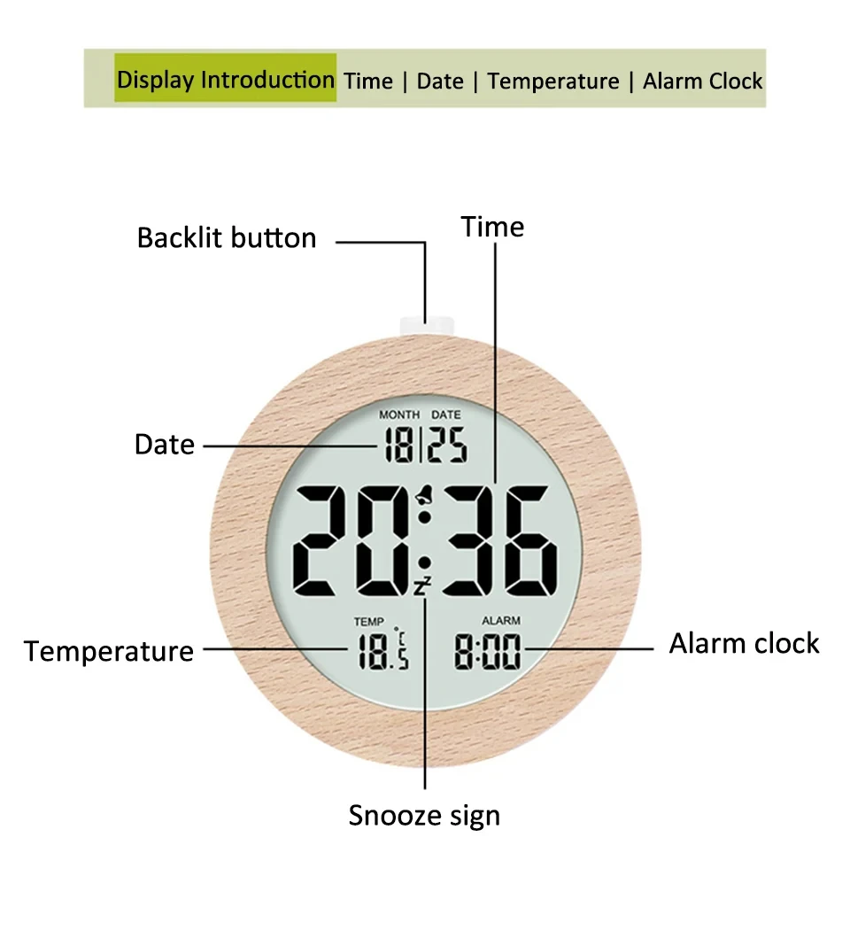 Description Picture 5 of itemLCD Digital Alarm Clock Solid Wood Date Temperature Display Table Clock with Backlight Snooze Mode Electronic Clock Room Decor