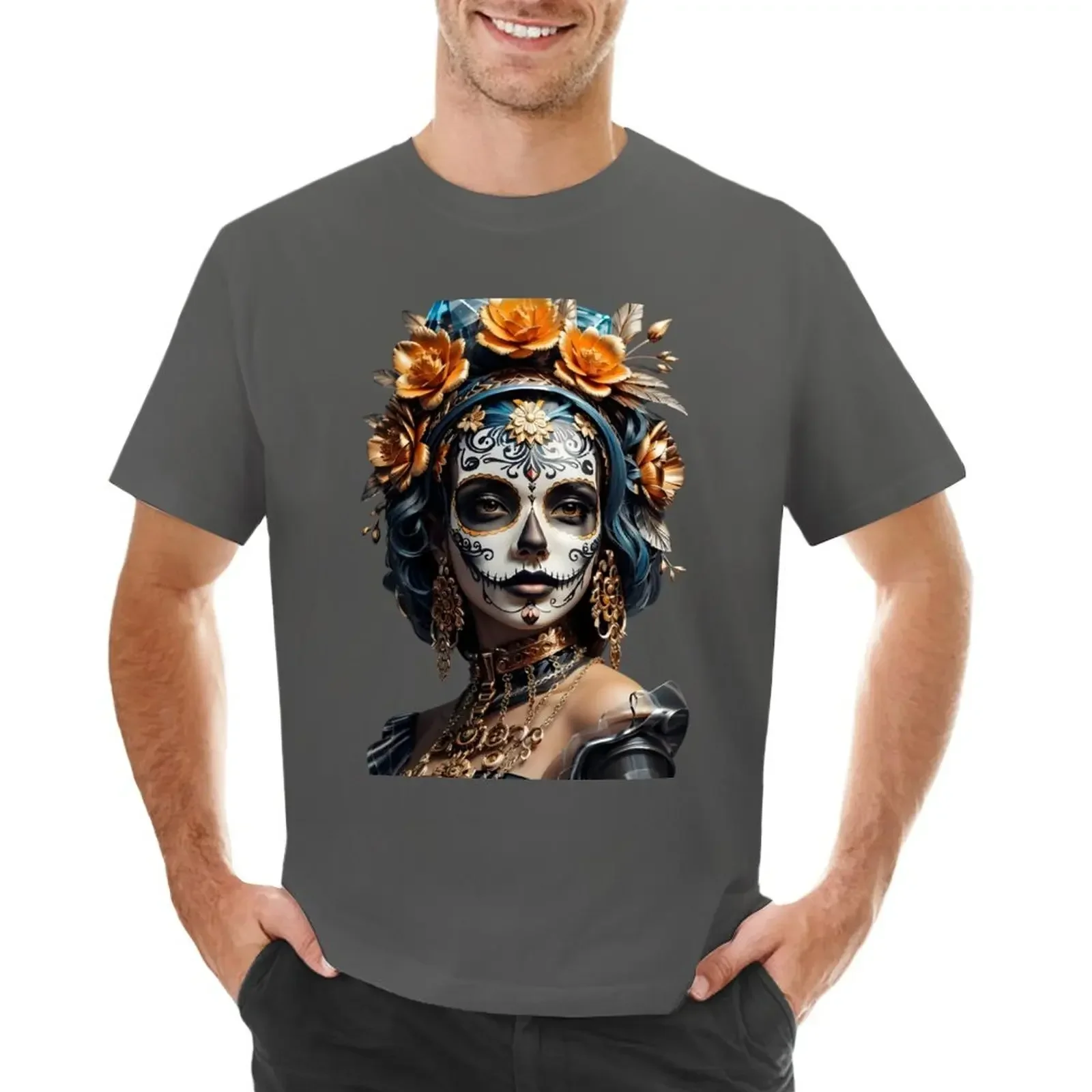 

Vibrant Catrina Calavera: Matte Flower Art T-shirt summer tops korean fashion mens white t shirts