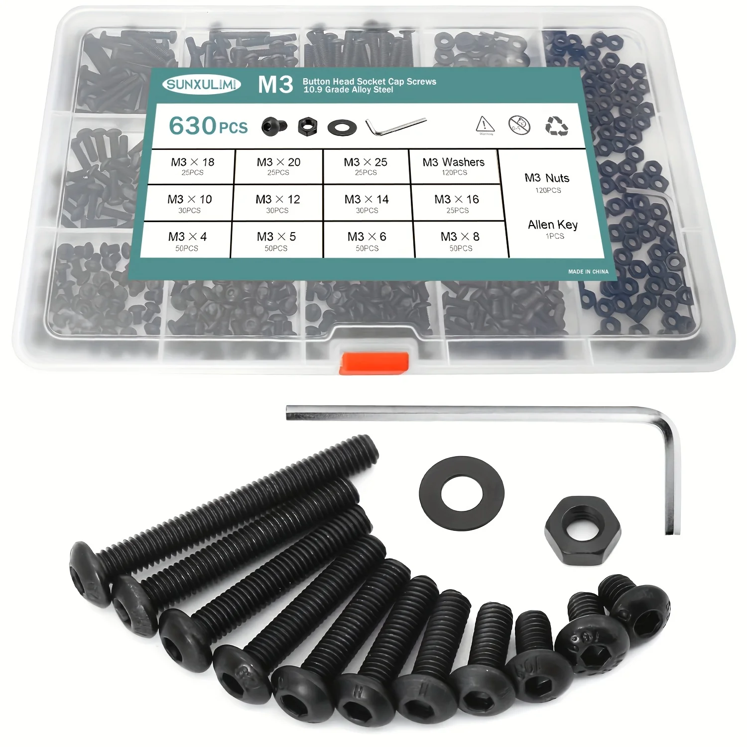 Button Head Socket Cap Screws Bolts And Nuts Flat Washers Assortment Kit, 10.9 Grade Alloy Steel